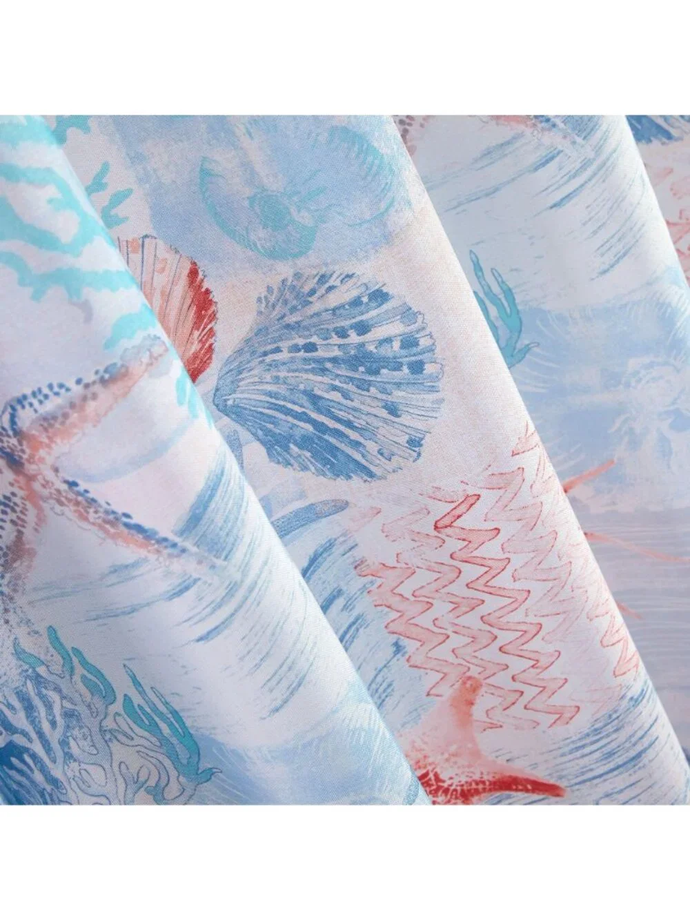 Shower Curtain Fabric Coastal Starfish Seashell Coral Blue Print 70